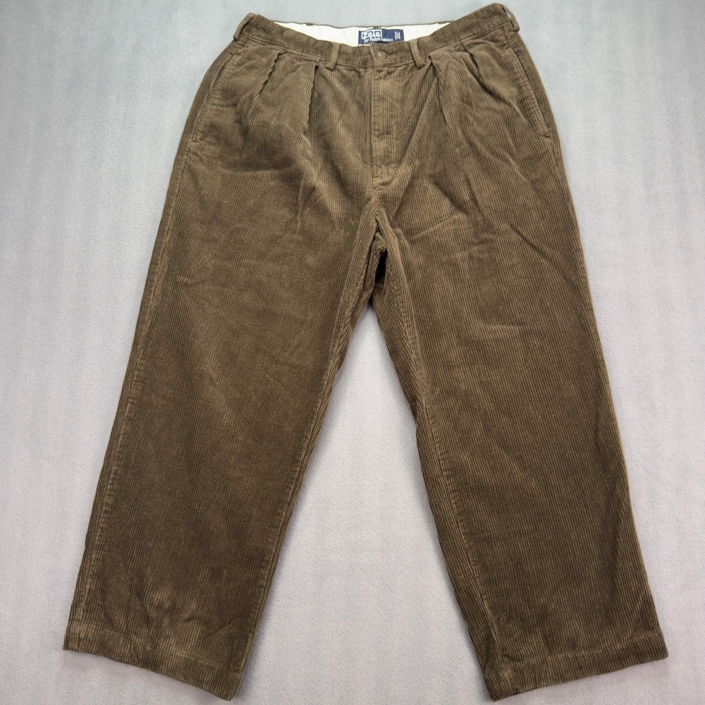 Polo Ralph Lauren Andrew Pant 34x27 Brown Corduroy Pleated Mens Trousers